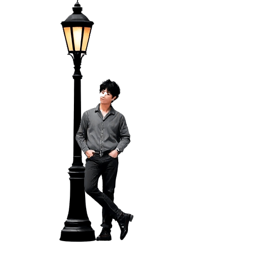 leaning against a lamppost