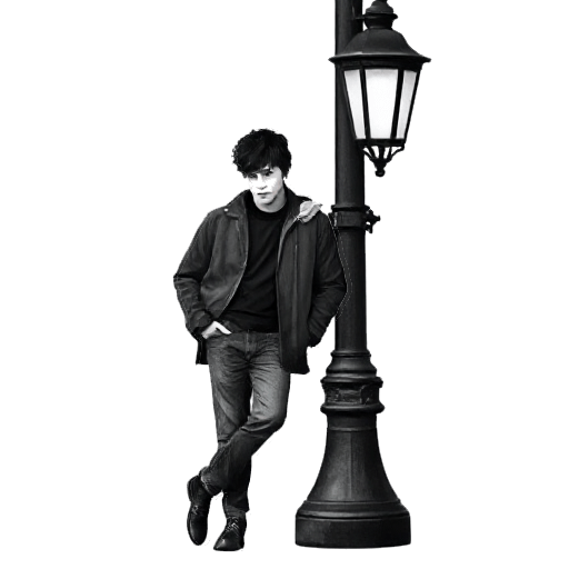 leaning against a lamppost
