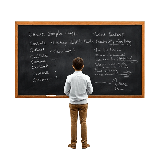 standing facing a blackboard