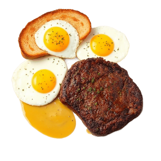 Springbok steak with fried eggs and toast