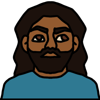 person (long hair, beard, blue shirt)